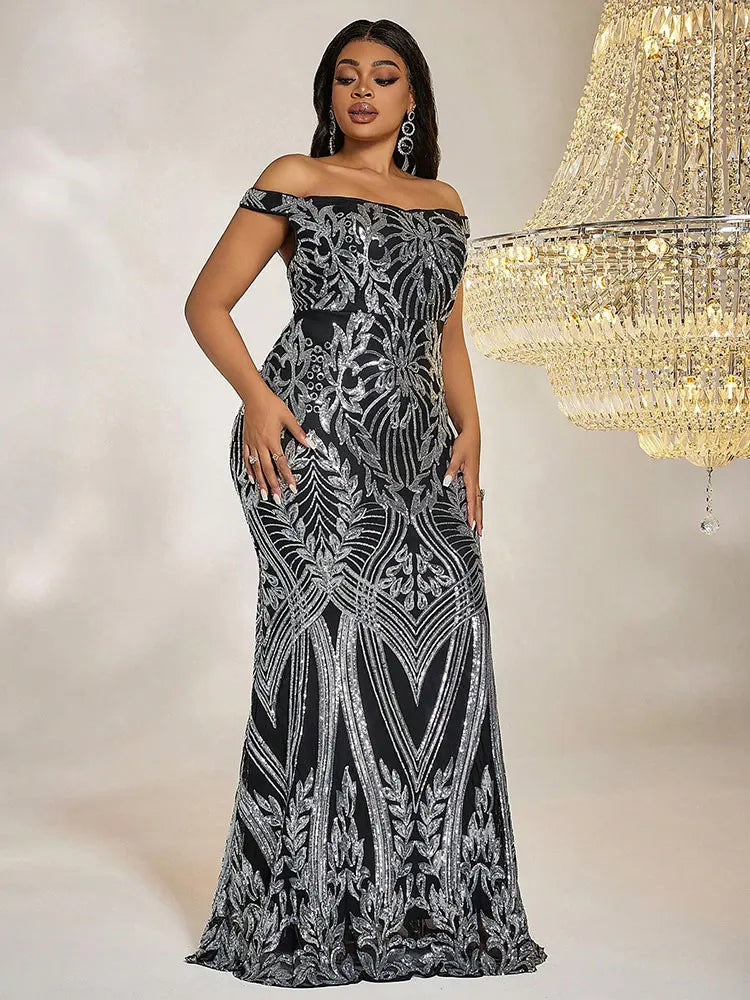 Evening wear Dresses: Plus Size Maxi Dresses High-End Sequin Line-Neck
