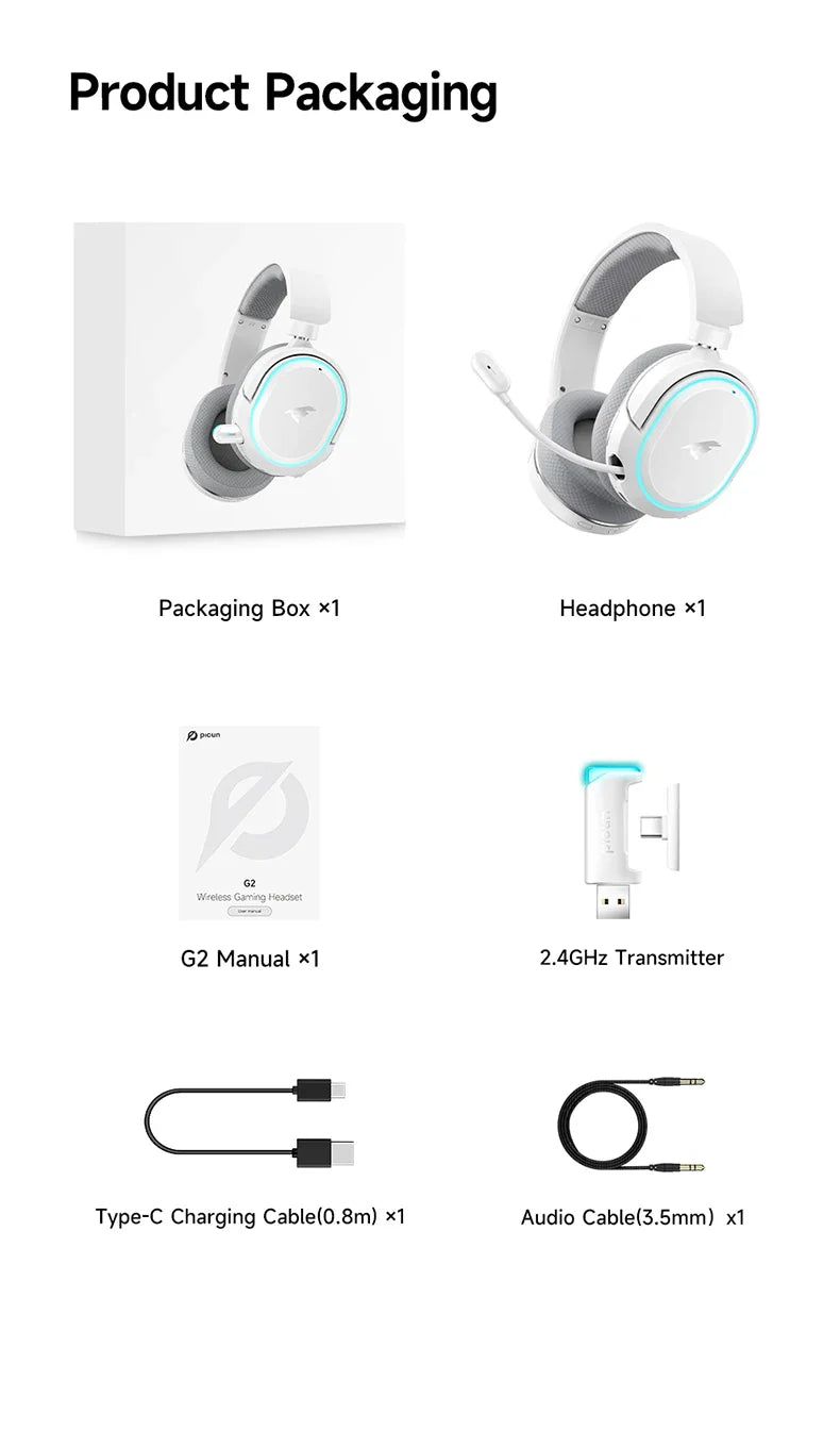 Picun G2 2.4GHz Bluetooth Wireless Gaming Headset For PC PS4 PS5 Phone Switch 5ms Low Latency 7.1 Surround Wired Headset ENC Mic