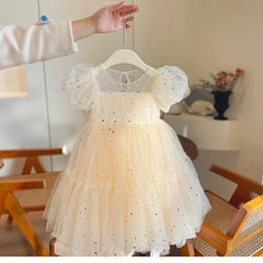 Dresses Girls' Elegant Dress Girl Baby Bubble Sleeve Mesh Sequin Dress