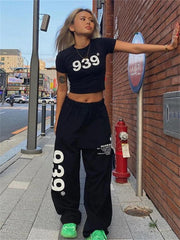 Korean Fashion Letter Print Joggers Sweatpants Women Kpop Streetwear Black