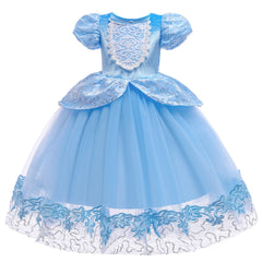 Girls Blue Cinderella Dress Summer Puff Sleeve Embroidery Flower Dresses for Girls