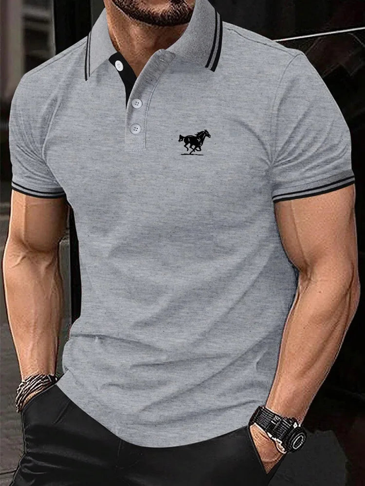 Men Horse Print Striped Trim Polo Shirt Short Sleeve Basic Modern Solid Color Golf Shirt Men's Clothing