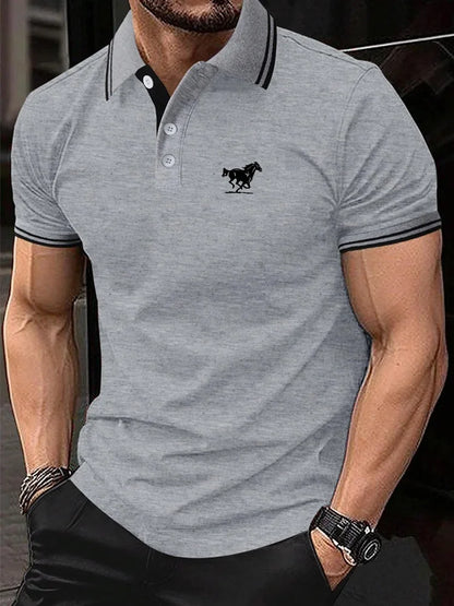 Men Horse Print Striped Trim Polo Shirt Short Sleeve Basic Modern Solid Color Golf Shirt Men's Clothing