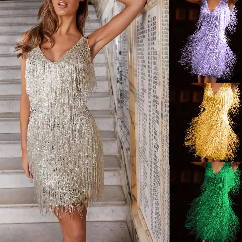 Chic  Elegant Dress Stretchy Tassel Sequins Decor Sexy Bodycon Mini Dress Pure Colors Above Knee Summer Dress Club Wear