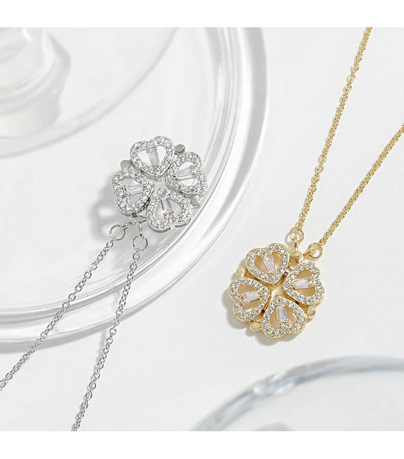 CARLIDANA Transform Luxury Four Leaf Clover Pendant Necklace  Stainless Steel Crystal Gold Color Heart Jewelry for Women Gift
