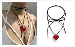 Metal Heart Pink Red flannelette Chain Necklace Knitted Bowknot Choker Neck Tie Love