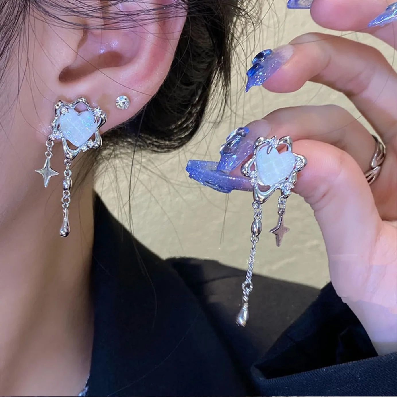 Kiss Jewelry Sweet Heart Rhinestone Butterfly Shape Dangle Earrings for Women Silver Color Korean Fashion Y2K Piercing Earring