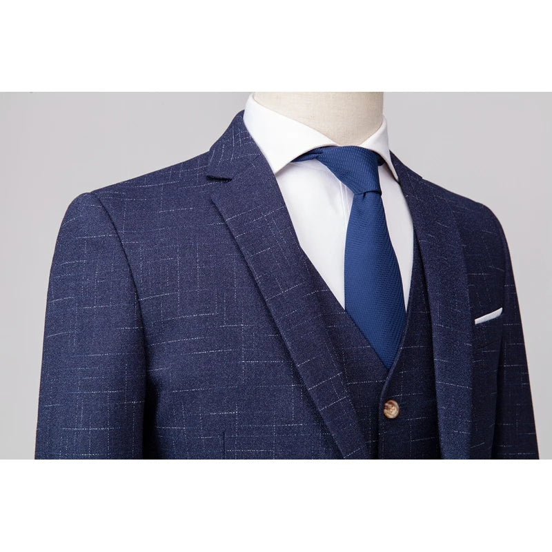 ( Jacket + Vest + Pants ) High-end Brand Luxury Dark Lattice Business Men's Slim Suit Groom Wedding Dress Tuxedo Banquet Clubmen