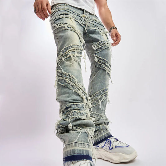 Men Vintage Stylish Loose Ripped Patch Jeans Pants Streetwear Male Solid Casual