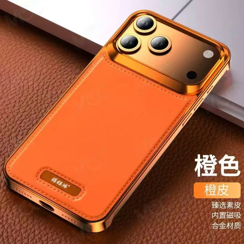 Aluminum Alloy Leather Magnetic Phone Case For iPhone 17 16pro 15 14 Pro Max Wireless Charging Metal Frameless Shockproof Cover