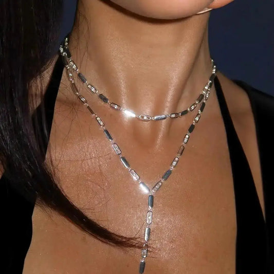 Gold Color Women Fashion Jewelry Set Geometric CZ Rectangle Charm Link Hand Chain Bracelet Choker Y Lariat Necklace