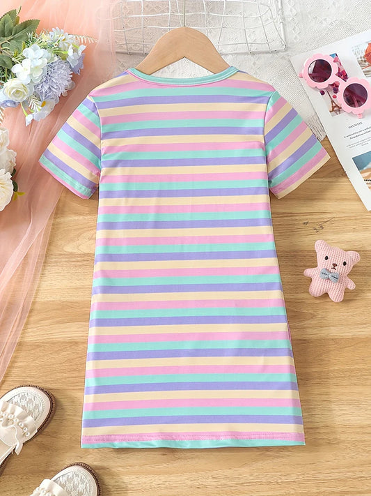 Girls Cute Cat Print Striped Casual Vacation Outing T-Shirt Dress