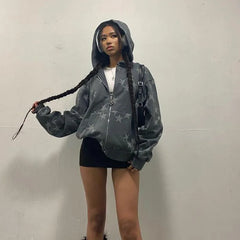 Women Vintage Star Print Hoodies Fashion Casual Zip Up Long Sleeve Loose Jacket Coats Harajuku Hooded Sweatshirts Y2k Streetwear