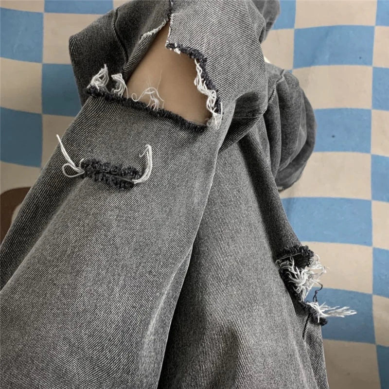 Vintage Streetwear Dark Gray Jeans Women Y2K High Waist Ripped Denim Trousers