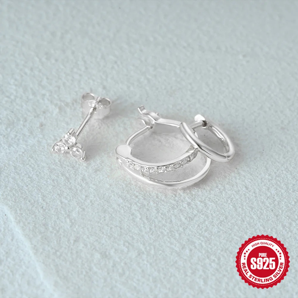 CANNER 925 Sterling Silver 3PCS Zircon Double Layer Hoop Earrings For Women Minimalism Ins Earrings Fine Jewelry Party Gift