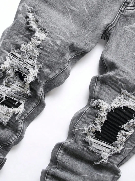 Men‘s Stretchy Denim Jeans Streetwear Tearing Patchwork Holes Ripped Denim