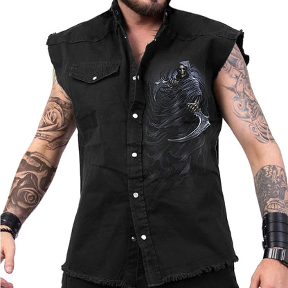 Men's Denim Blouse Retro 3D Skull Graphic Print Sleeveless Shirt Fashion Pocket