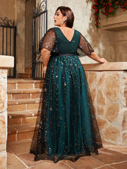 Mgiacy plus size V-neck sequin embroidered contrasting double mesh full skirt Evening