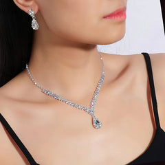 3Pcs Simple Fashion Water Drop Crystal Rhinestones Necklace Earrings Sets For Women