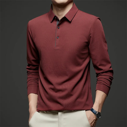 New Men's Business Casual  Long Sleeve Solid Color Polo Shirt Fashionable Warm Comfortable Four Seasons Versatile Top