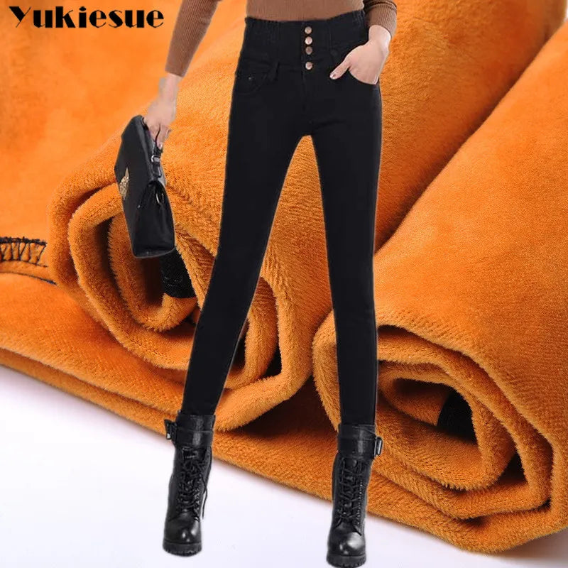 Womens Winter Jeans High Waist Skinny Pants Fleece /no velvet Elastic Waist Jeans