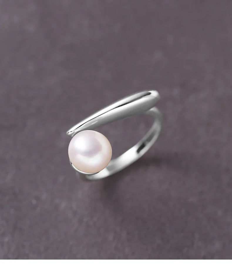 925 Sterling Silver Round Pearl Ring Wedding Adjustable Rings For Women Jewelry