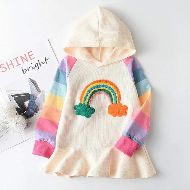 Girls Dress Autumn Long Sleeve Rainbow Striped Princess Dresses for Girl