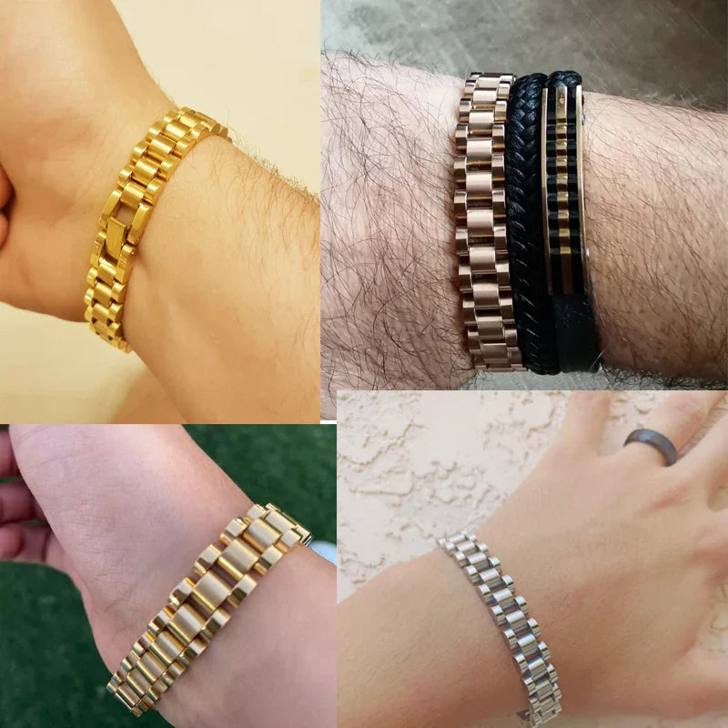 10MM Watchband Style Men's Bracelets For Women Man Ladies Gold Color Stainless Steel Mannen Armband Male Jewelry Accessories New