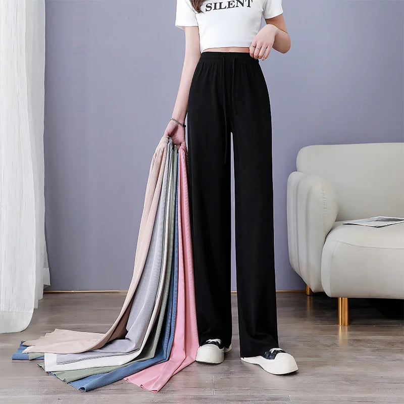 Women Long Pants 2024 Spring Summer Straight Long Elastic Waist Wide Leg