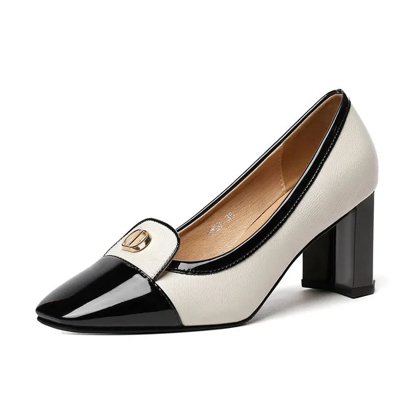 Women Fashion Black Slip on Square Heel Pumps Lady
