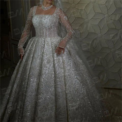 Bride Dress Long Sleeve Sequined Rhinestones Wedding Gown Bridal Robe