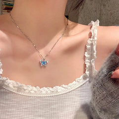 Blue Crystal Butterfly Necklace for Women Girls Simple Shiny Zircon Bilayer Choker