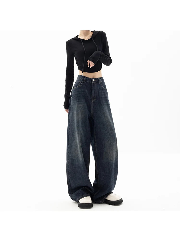 Streetwear Vintage High Waist Loose Straight Jeans Pants Korean Fashion Women's