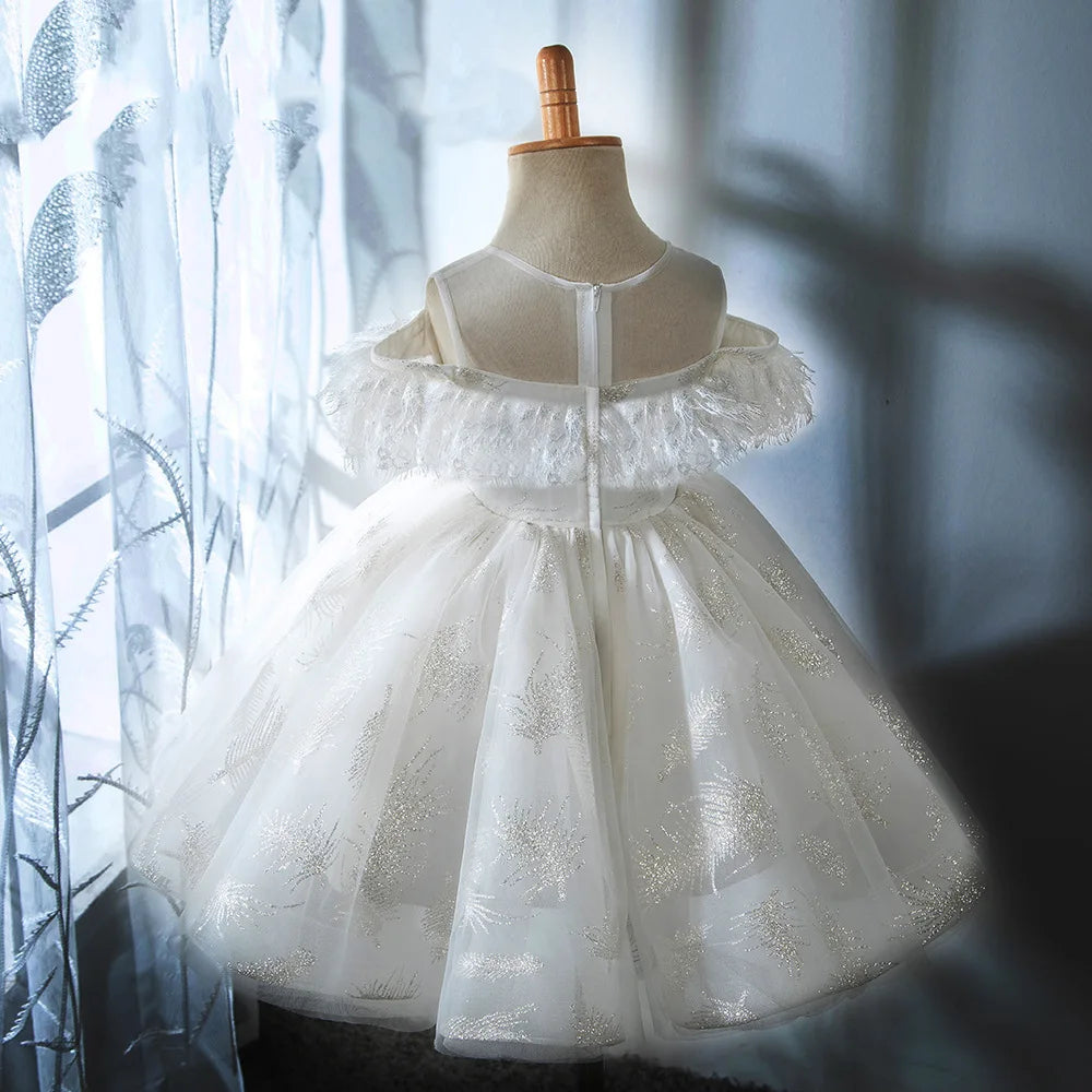 Kids Princess Dresses for Girls Children Feather Sequined Ball Gowns Toddler Birthday Wedding Frocks Baby Baptism Boutique Dress
