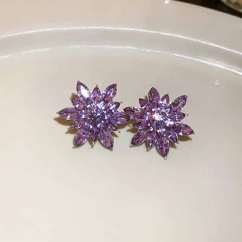 Rhinestone Flower Earrings for Women Korea Simple Sweet Stud Earrings Luxury High-grade Solid Color Charm Jewelry Girls Gift