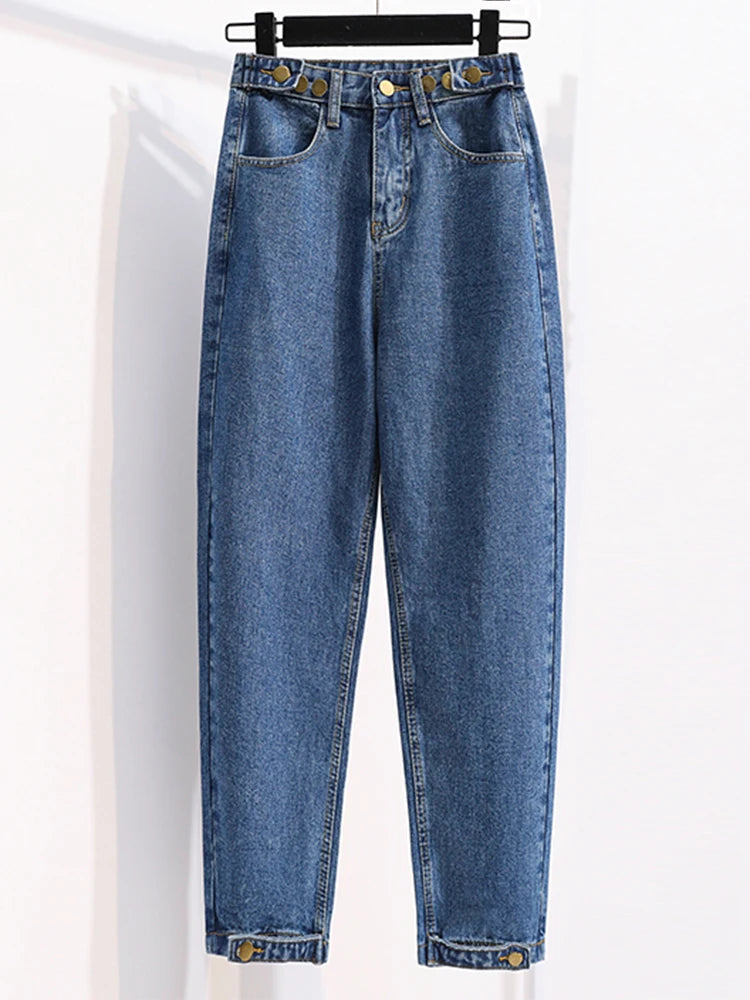 Plus Size Jeans For Women High Waist Buttons Up Korean Fashion Large Size