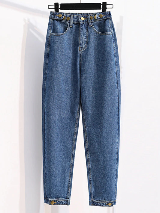 Plus Size Jeans For Women High Waist Buttons Up Korean Fashion Large Size