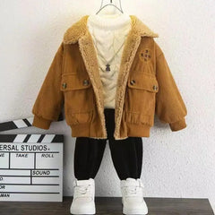 Corduroy Fur Coat For Boys Winter Jacket Lapel Plush Warm Outerwear