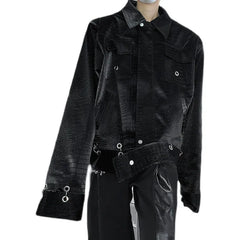 Men's Jacket PU Leather Coat Shoulder Pad Metal Turn-down Collar Long Sleeve