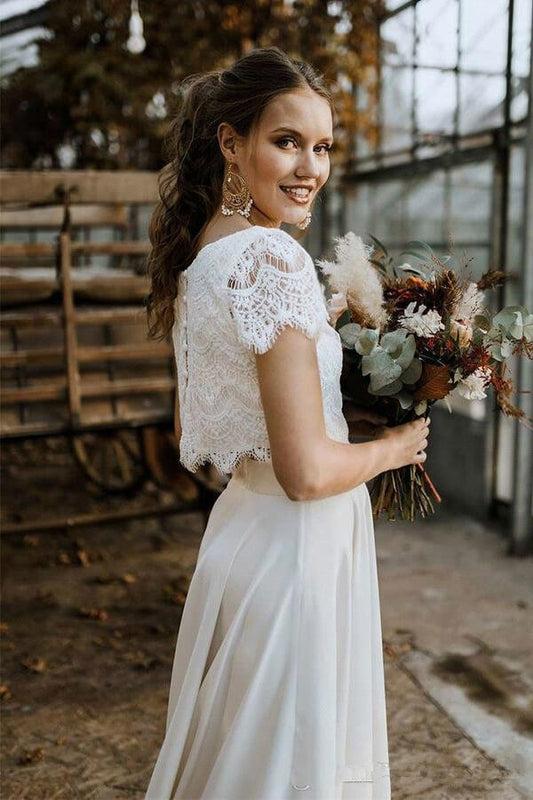 White Bridesmaid Dresses: Wedding Dresses Two Pieces Lace Top with Short Sleeve