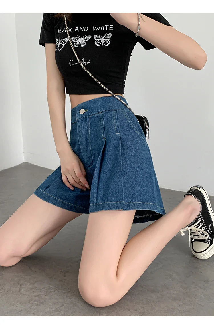 DFRCAEG 2024 Summer Plus Size Denim Shorts For Women High Elastic Waist Blue Or Sky Blue Pleated Mini Large Size Short Femme