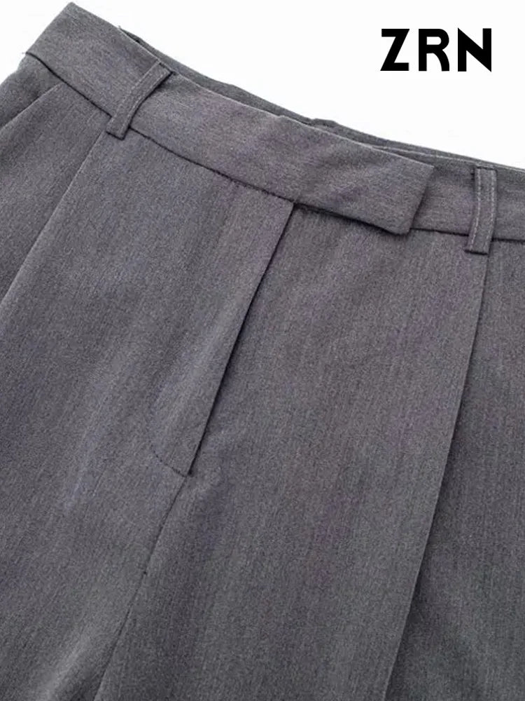 Women Fashion With Darts Front Pockets Wide Leg Pants Vintage High Waist Trousers