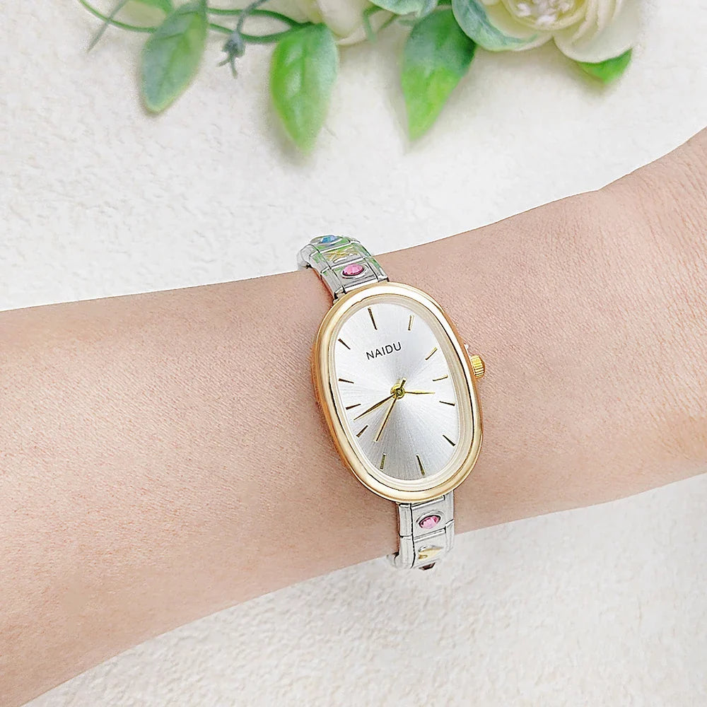 GEMOSA Modern Oval Casual Vintage Design Quartz Watches Women Ladies Stainless Steel Width 9mm Strap Party Birthday Perfect Gift