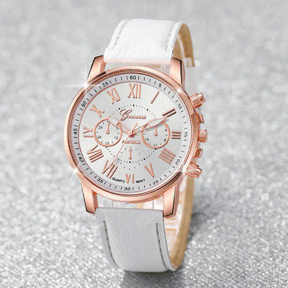 3/5PCS Women's Watch Fashion Roma Dial Leather Band Quartz Watches Pearls Jewelry Set(Without Box)