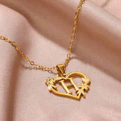 Gold Color Dainty Flower Initials Necklace Women Girl Stainless Steel Heart Letter