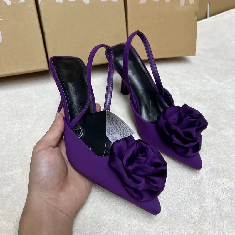 Elegant Woman Sandals High Heeled Sweet Rose Closed Toe Footwear 2024 Summer Slingback Pointed Fashion Dress Ladies Shoes