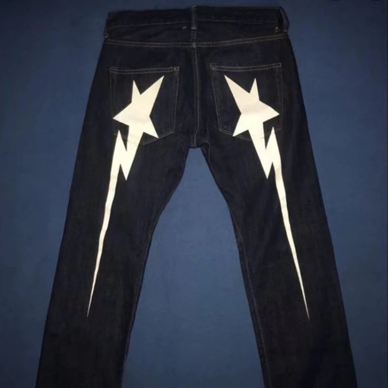 Y2K Harajuku clothing jeans Vintage print hip hop trend American black jeans men
