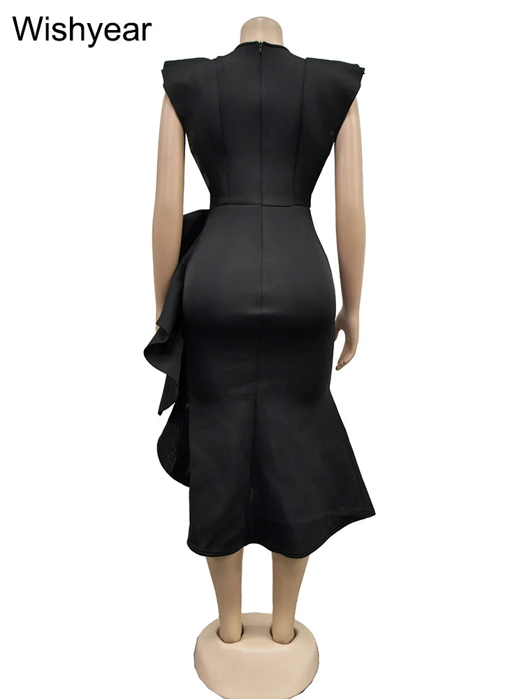 Flare Short Sleeve High Side Split Ruffles Bodycon Midi Dress Women Autumn