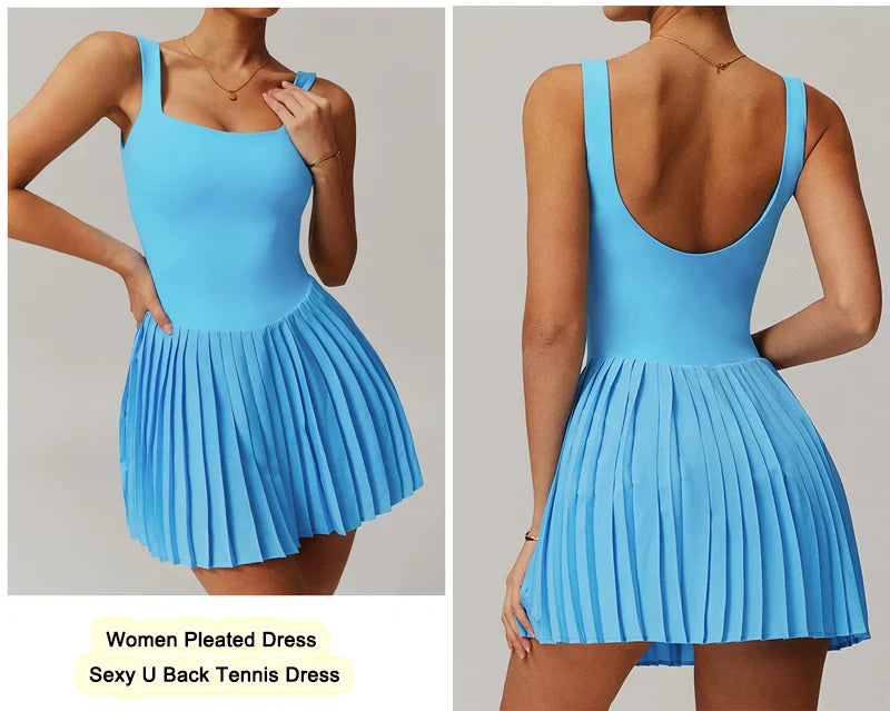 VITALINOVO Workout Tennis Dress with Built in Shorts Square Neck Padded Workout Dress with Pockets Golf Athletic Mini Dresses