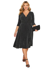 Plus Size Elegant Spring Autumn Wrap Dress Women Long Sleeve Black